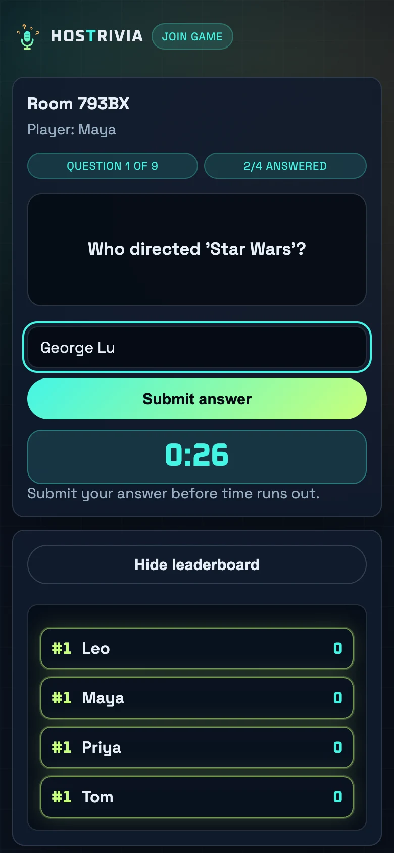 Quickfire Trivia on a phone: typing an answer