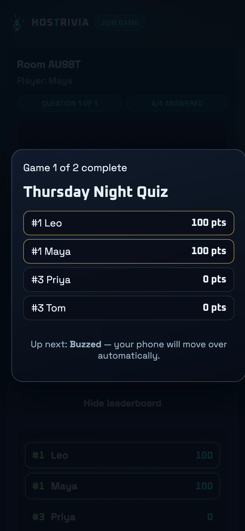 Multi-Game Quiz on a phone: a player's running total